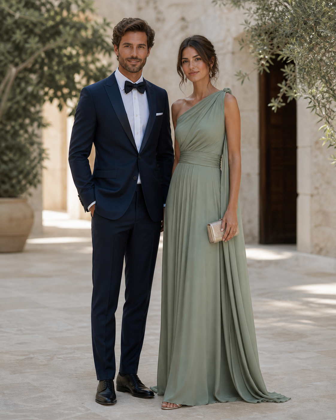 Ejemplo de vestimenta formal: invitado con traje oscuro e invitada con vestido largo